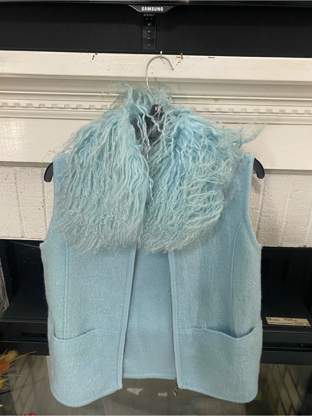 Baby Blue Wool Blend Vest with Genuine Mongolian Lamb Fur Collar | Size M